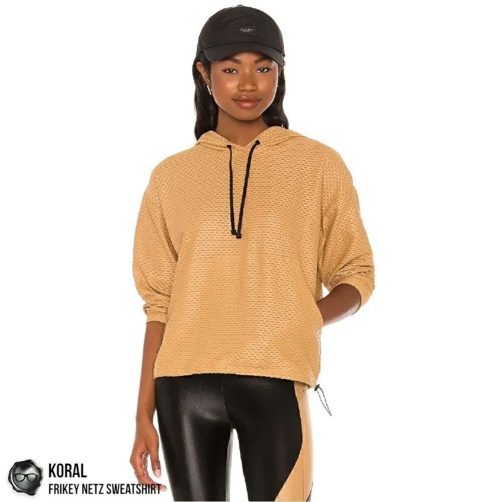 KORAL ACTIVEWEAR FRILEY NETZ HOODIE SWEATSHIRT IN ICED COFFEE TAN WOMEN SIZE XS